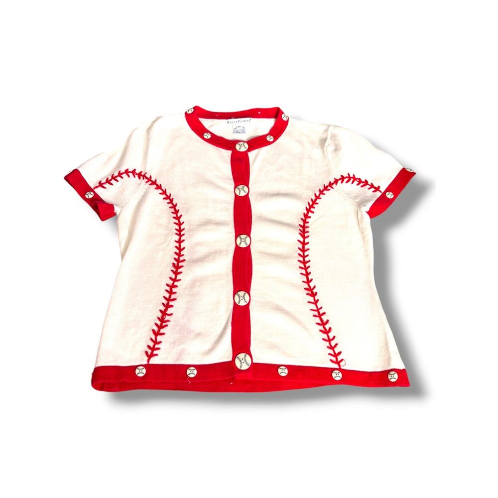 Vintage Baseball Stitch Cardigan Sweater Y2K White Red Sporty Medium Retro Fan